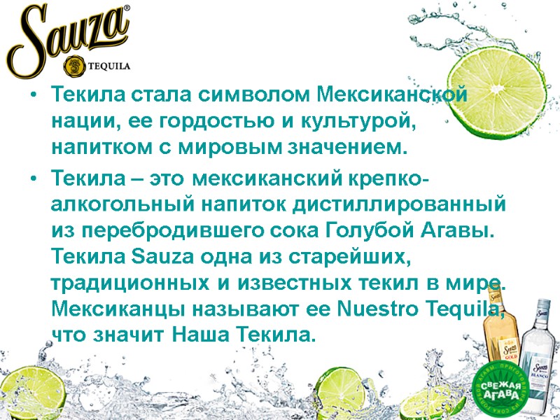 Текила стала символом Мексиканской нации, ее гордостью и культурой, напитком с мировым значением. Текила Текила стала символом Мексиканской нации, ее гордостью и культурой, напитком с мировым значением. Текила